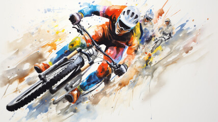 The intensity of a downhill mountain biking race in vibrant watercolours, showcasing riders navigating treacherous trails with fearless determination, each stroke expressing the thrill of speed - obrazy, fototapety, plakaty