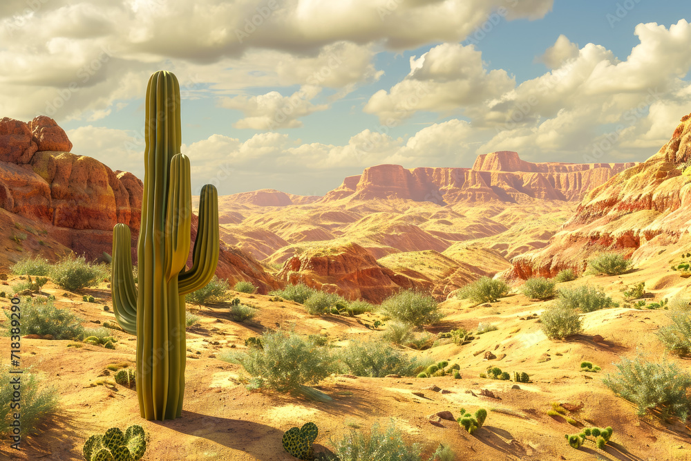 Poster generate a relief of a desert with a cactus in the foreground