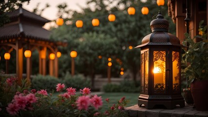 ramadan decoration with arabic lantern and candle in the night.