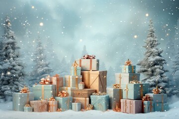 Arrangement of various gift boxes with display platforms on a winter holiday-themed background, created through advanced digital rendering techniques. Generative AI