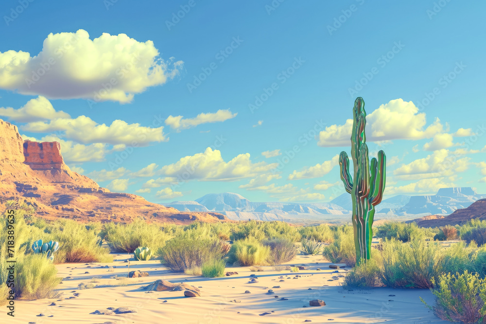 Poster generate a relief of a desert with a cactus in the foreground