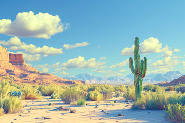Generate a relief of a desert with a cactus in the foreground