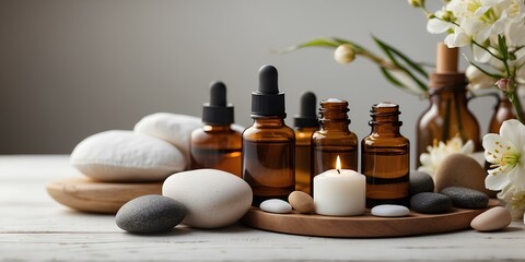 Fototapeta na wymiar Clean spa setup with massage stones and aromatic oils.