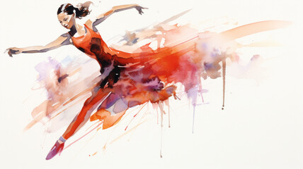 Naklejka premium Grace in Motion: A dancer in mid-leap, her vibrant orange dress embodying freedom and elegance..