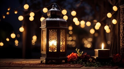 Ramadan Lantern with Light Glowing at Night, Generative ai