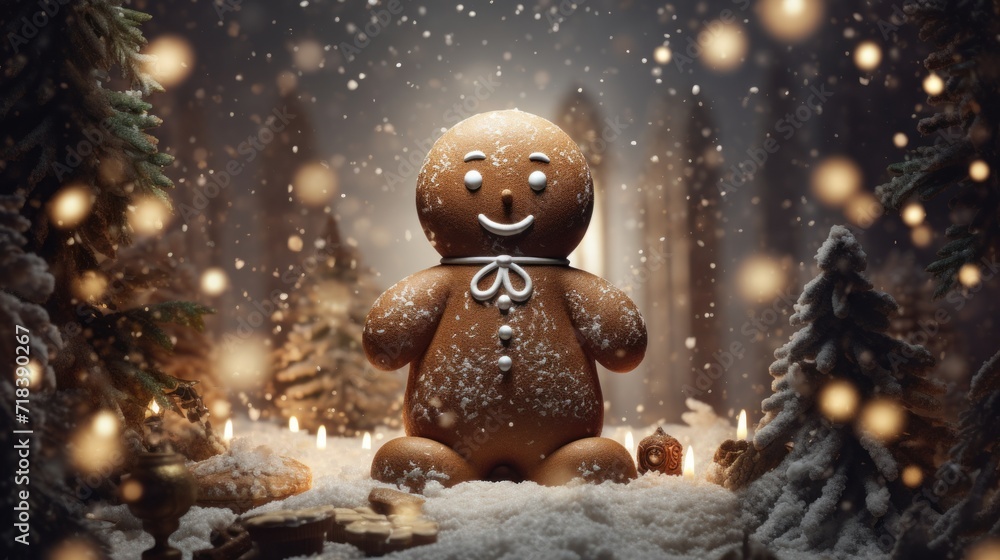 Poster a gingerbread man sitting in the middle of a forest with snow falling down on him and trees in the b