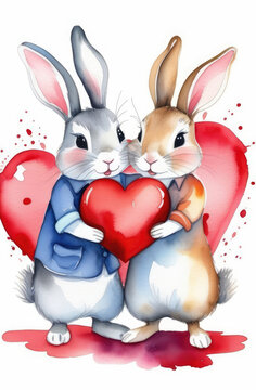 St Valentine's day watercolor greeting card with cute bunnies holding big red heart together.