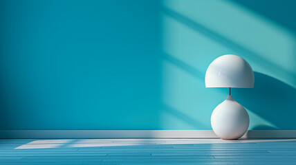 White vintage table lamp on a floor in a modern empty room. Elegant, contemporary interior design with text space on a blank wall. Isolated object on blue light background. Horizontal with no people.
