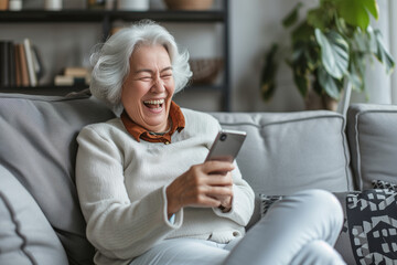 Elderly Woman Laughing While Looking at Smartphone, Comfortable Home Setting