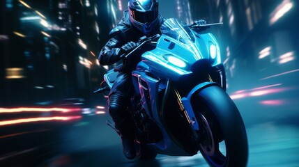 Motorcycle racing in future neon city. Neural network AI generated art
