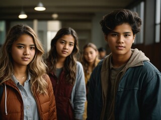 Young people, teenagers, of different races in the hallway of the school