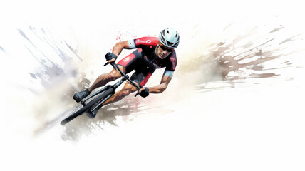 Cyclist in Motion: An artistic image of a cyclist in a red shirt, riding his road bicycle against an abstract background. The image conveys the energy and speed of the ride, blending realism

