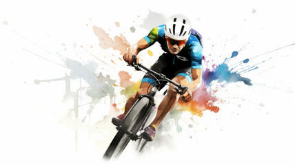 Cyclist in Motion: An artistic image of a cyclist in a yellow shirt, riding a black bicycle against an abstract background. The image conveys the energy and speed of the ride, blending realism
