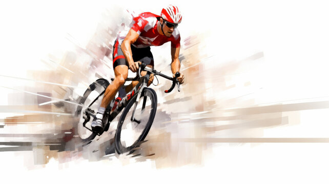Cyclist in Motion: An artistic image of a cyclist in a red shirt, riding his road bicycle against an abstract background. The image conveys the energy and speed of the ride, blending realism

