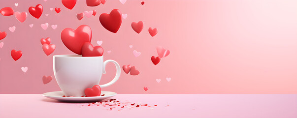 Coffee cup with hearts on pink background. Cup with hot drink. St Valentine's, Women's and Mother's day concept. Love and romantic. Card or banner with copy space