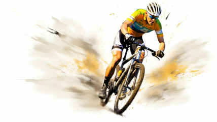 Cyclist in Motion: An artistic image of a cyclist in a yellow shirt, riding a black bicycle against an abstract background. The image conveys the energy and speed of the ride, blending realism 