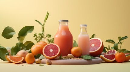  a group of grapefruits, oranges, and a bottle of juice sit on a cutting board.