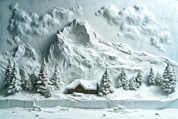 Generate a relief of a snowy mountain with a cabin in the foreground