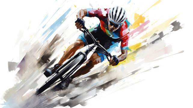 Cyclist in Motion: An artistic image of a cyclist in a blue and red outfit, riding a black bicycle against an abstract background. The image conveys the energy and speed of the ride, blending realism 