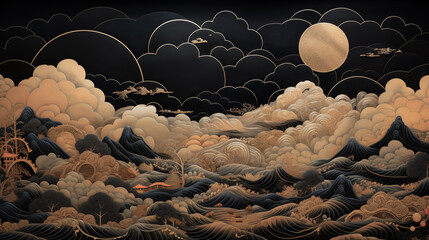 Abstract Okiyo-e wood block print background with gold leaf of the moon rising over clouds and mountains with forest