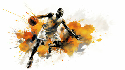 Fototapeta premium Artistic image of a basketball player mid-dribble, showing their skill and energy. The white background and the orange and brown splashes of paint create a contrast of drive and artistry