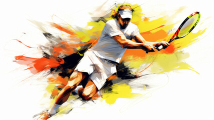 An athlete’s dance: A tennis player, frozen mid-swing, emerges from a vibrant splash of colors, embodying the dynamic fusion of sport and art