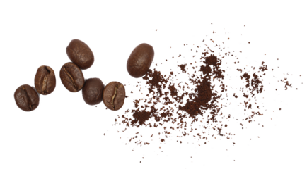 Pile of powder, instant coffee and beans isolated on white background, top view
