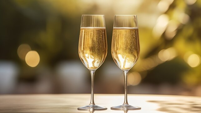  two glasses of champagne sitting on a table in front of a blurry image of the outside of a building.