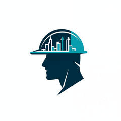 Construction company logo, worker in a safety helmet on a white background.
