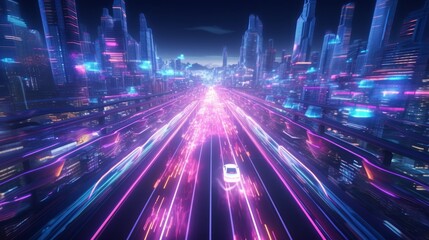 Fototapeta na wymiar Retro-futuristic 80s style drive in neon city. Cyberpunk sunset landscape with a moving car on a highway road. Neural network AI generated art