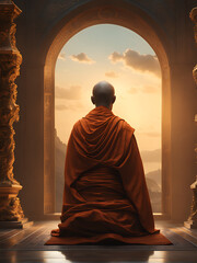 monk meditating outside of a temple - obrazy, fototapety, plakaty