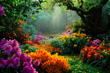 Fototapeta na wymiar mystical garden, where flowers bloom in every color of the rainbow, and a hidden fairy kingdom lies just beyond