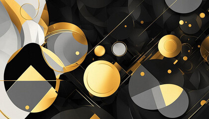 Gold and silver circles, background with black and gold spheres, black background with gold and silver circles, lines and dots