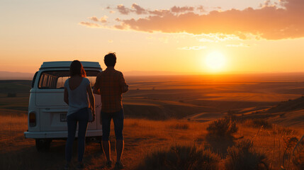 Nomadic Camper's Delight - Couple by Vintage Van Embracing Nature at Sunset, Relaxing from Work