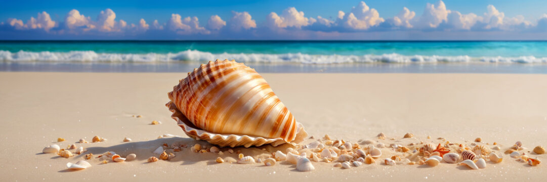 A large seashell on the beach with a calm wave creating a picturesque ocean scene under blue sky