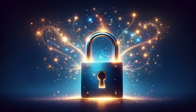 Glowing Padlock with Sparkles on Dark Background, Cybersecurity Concept