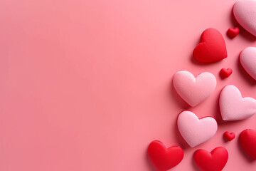 Assortment of red and pink hearts scattered on a pastel background