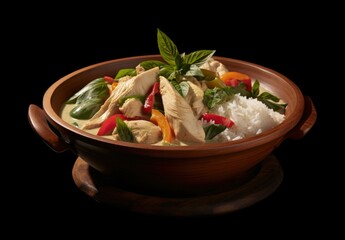 A bowl of rice and vegetables with chicken. Generative AI.