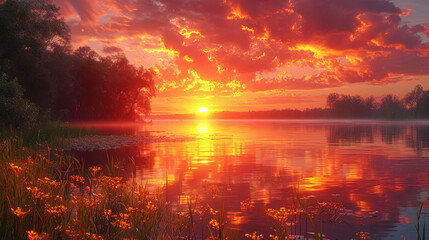 A landscape with an orangepink sunset surrounded by bright and golden reflections, which creates a