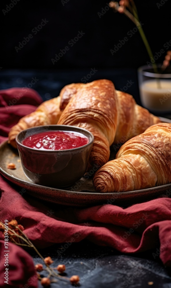 Poster croissants with raspberry sauce on a plate on a dark background. generative ai.