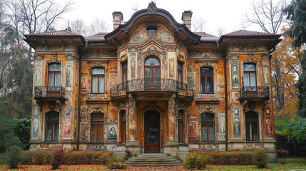 Fototapeta premium A photograph of the house, on the facade of which there are images of banknotes that emphasize its