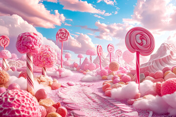 whimsical candy land, where everything is made of sweets and treats, and the sky is cotton candy pink