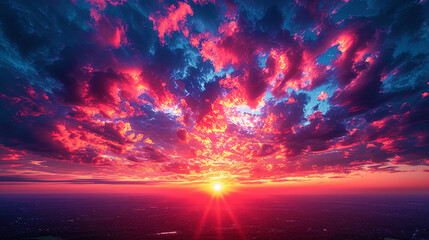 A photograph of the sky, painted in bright shades of red and purple, in which the rays of sunset d - obrazy, fototapety, plakaty