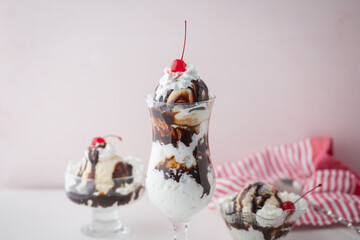 ice cream sundae on pink background