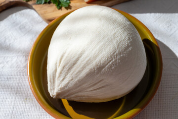Fresh gauzed white soft goat cow sheep milk cheese, young Spanish cheese
