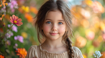 Fototapeta premium A portrait of a little princess with an innocent smile, as if it were created in order to bring jo