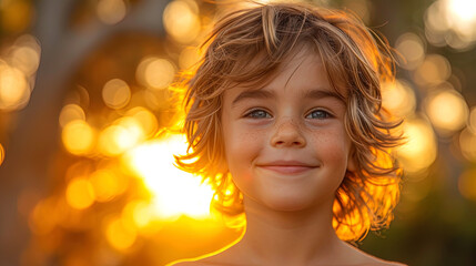 Fototapeta premium A portrait of a little boy with a sunny smile, as if he is a source of light and joy