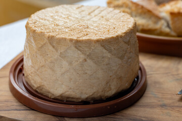 Cheese collection, piece of fresh smoked Spanish goat cheese close up