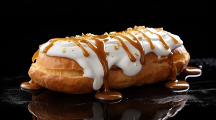  a pastry covered in white icing and drizzled with caramel on top of a black surface.