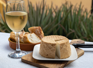 Cheese collection, piece of fresh smoked Spanish goat cheese close up